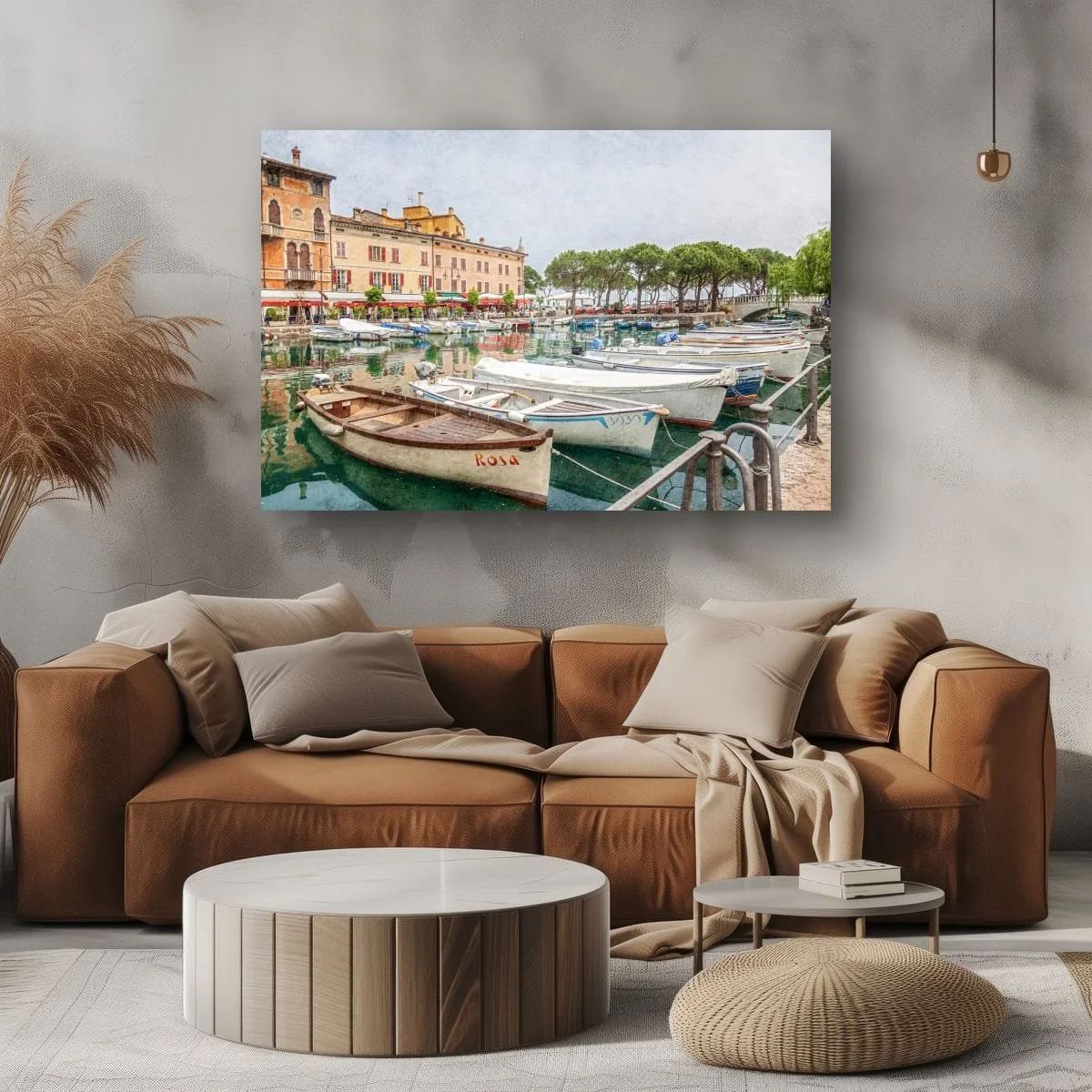 Boats moored along an Italian waterfront