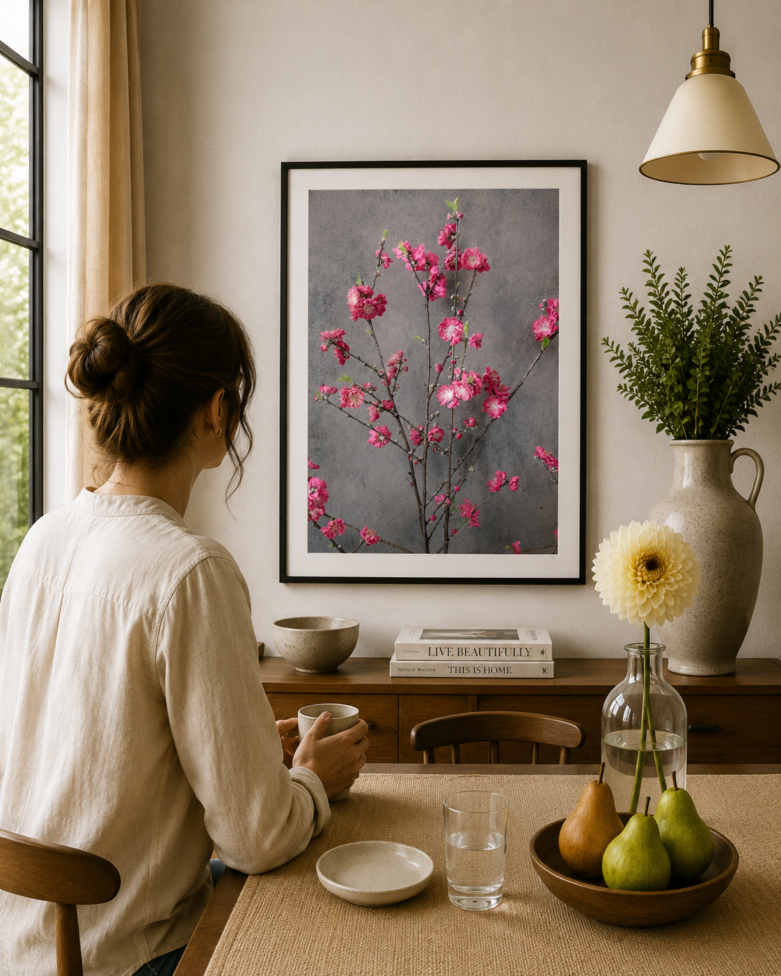 Bright pink blossom branches against a textured backdrop.