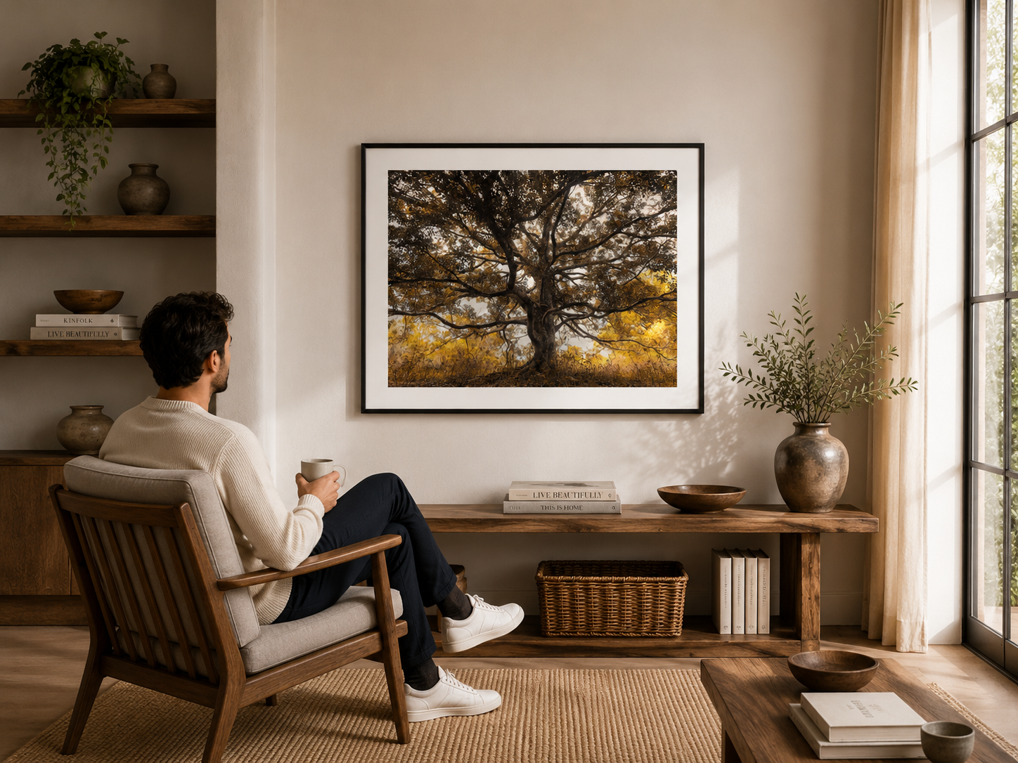 Large mature tree with sprawling branches in golden light.