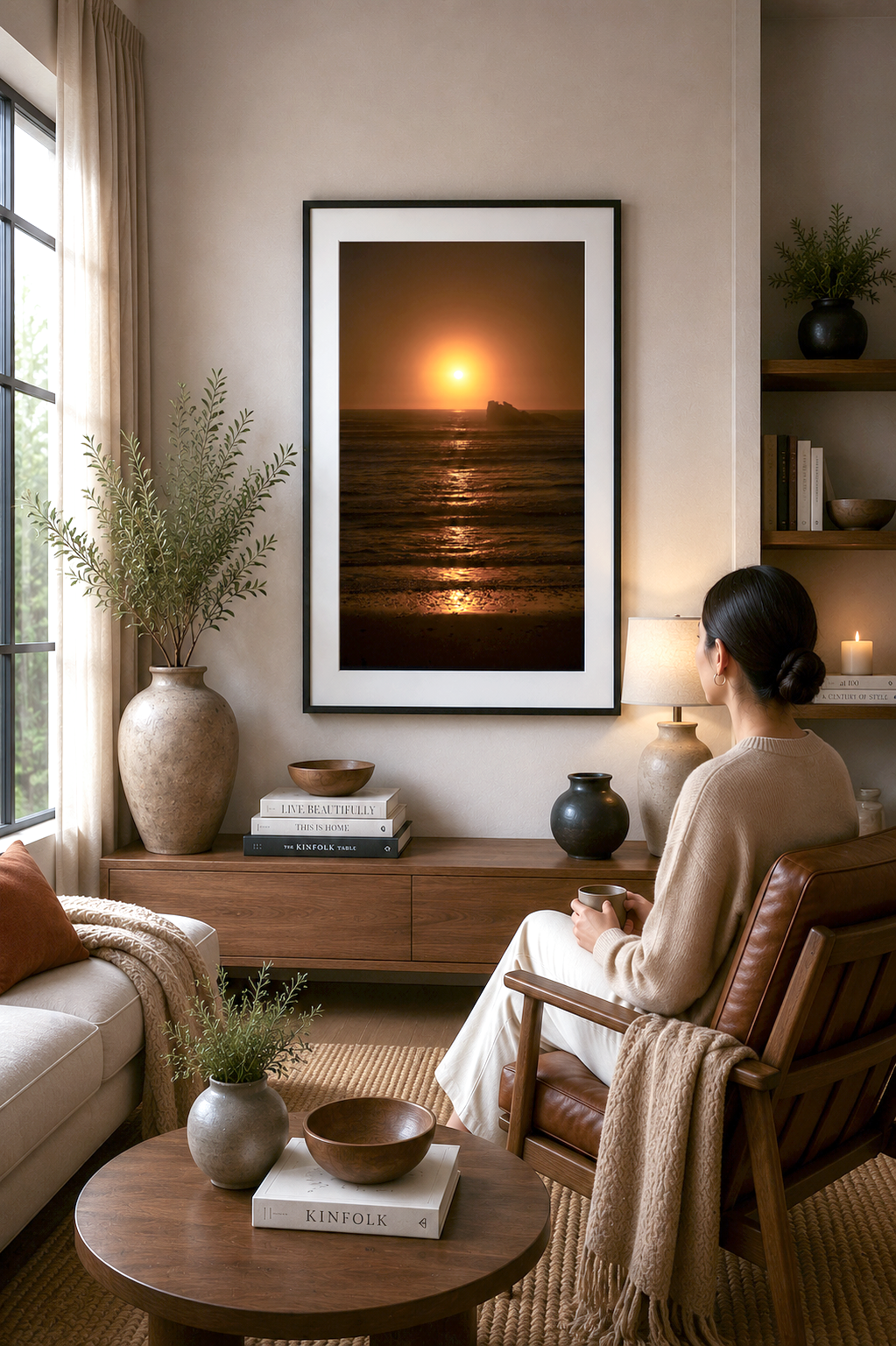 Warm orange sunset over the Tasman Sea with silhouetted sea stack and gentle waves.