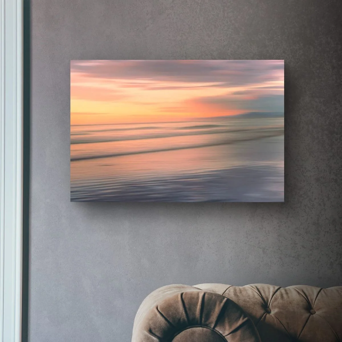 Abstract coastal photograph with pastel colours and flowing ocean movement.