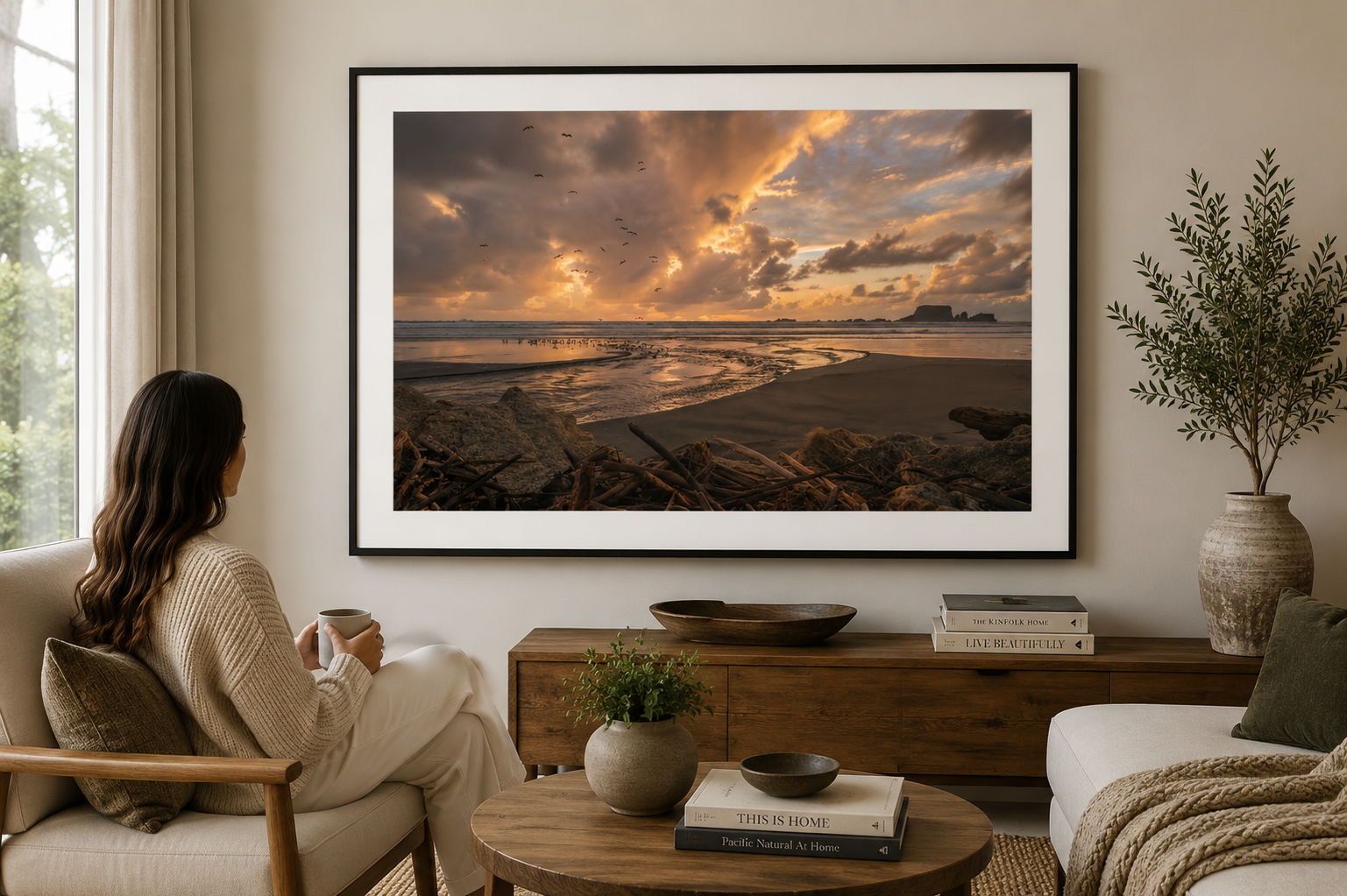 Flock of seabirds flying over a golden coastal sunset with stream, driftwood, wet sand and offshore rock formations.