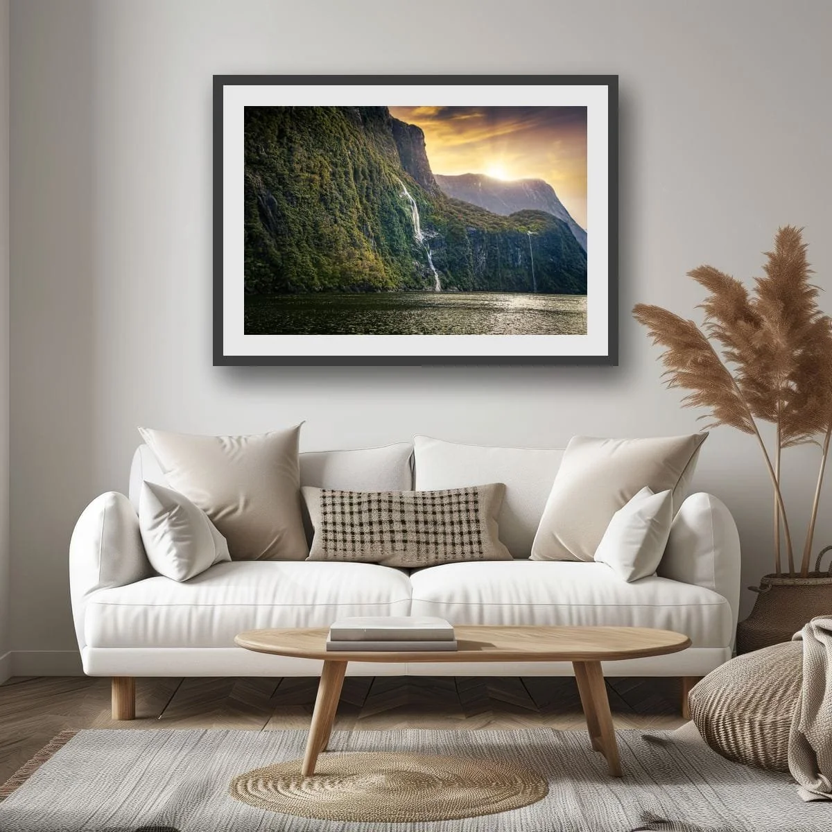 Waterfalls and cliffs in Milford Sound illuminated by sunlight.