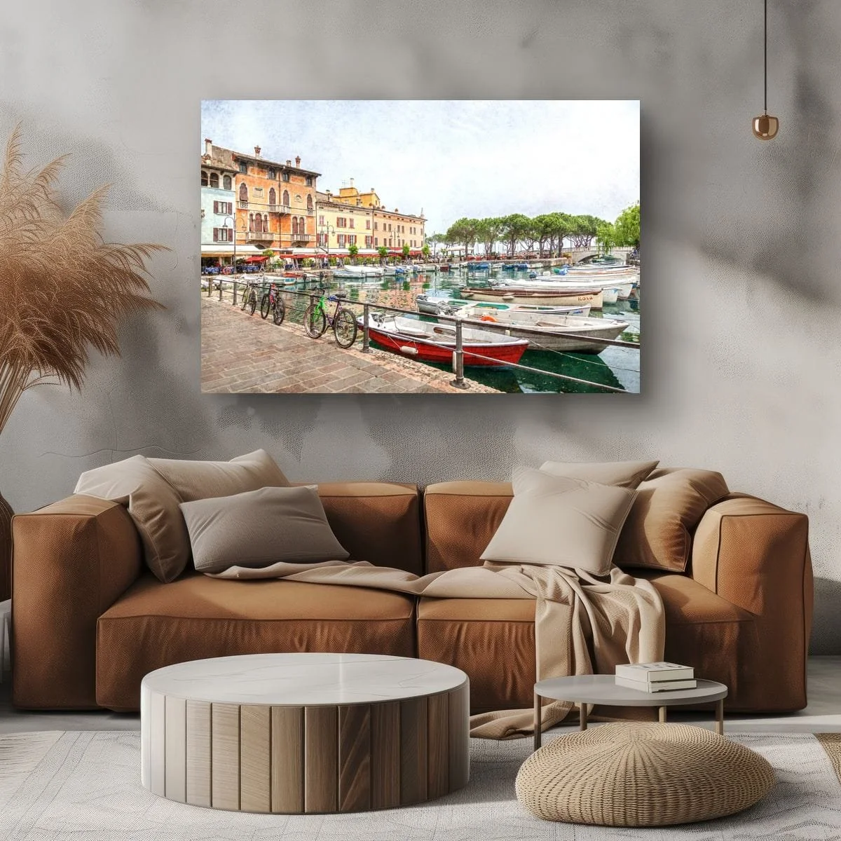 Italian waterfront village with boats, cafés and historic buildings.