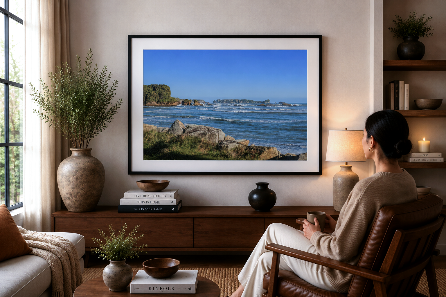 Waves rolling towards rocky coastline beneath blue skies on the West Coast of New Zealand.