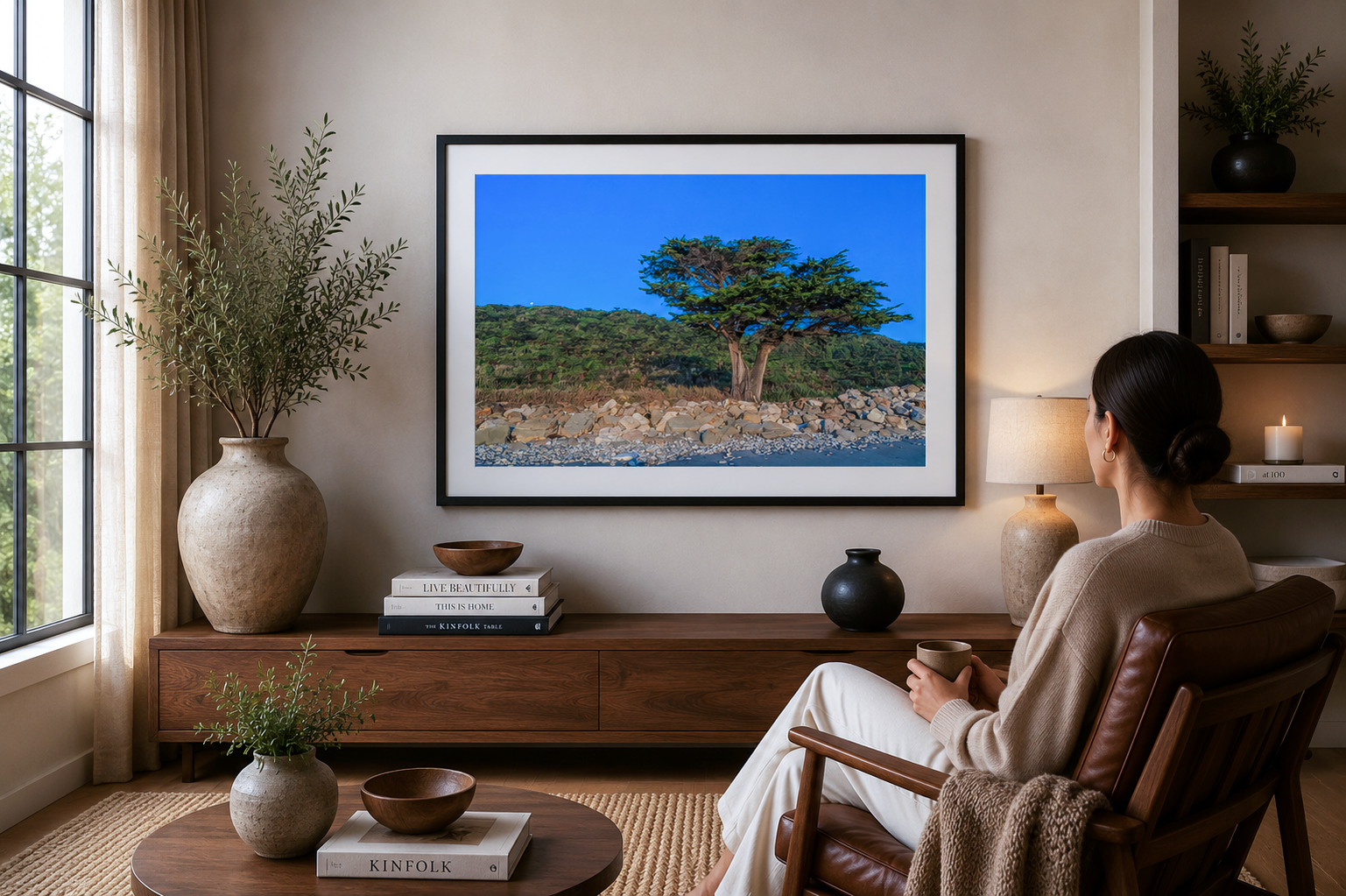 Large coastal cypress growing beside rocky shoreline on the West Coast of New Zealand.