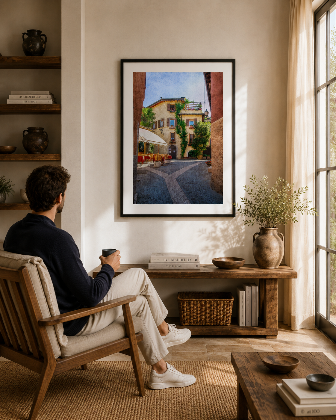 Italian terrace framed by historic buildings and flowers.