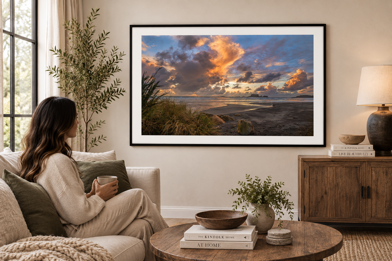 Golden sunset clouds above a West Coast beach with flax, wet sand, ocean waves and rocky sea stacks.