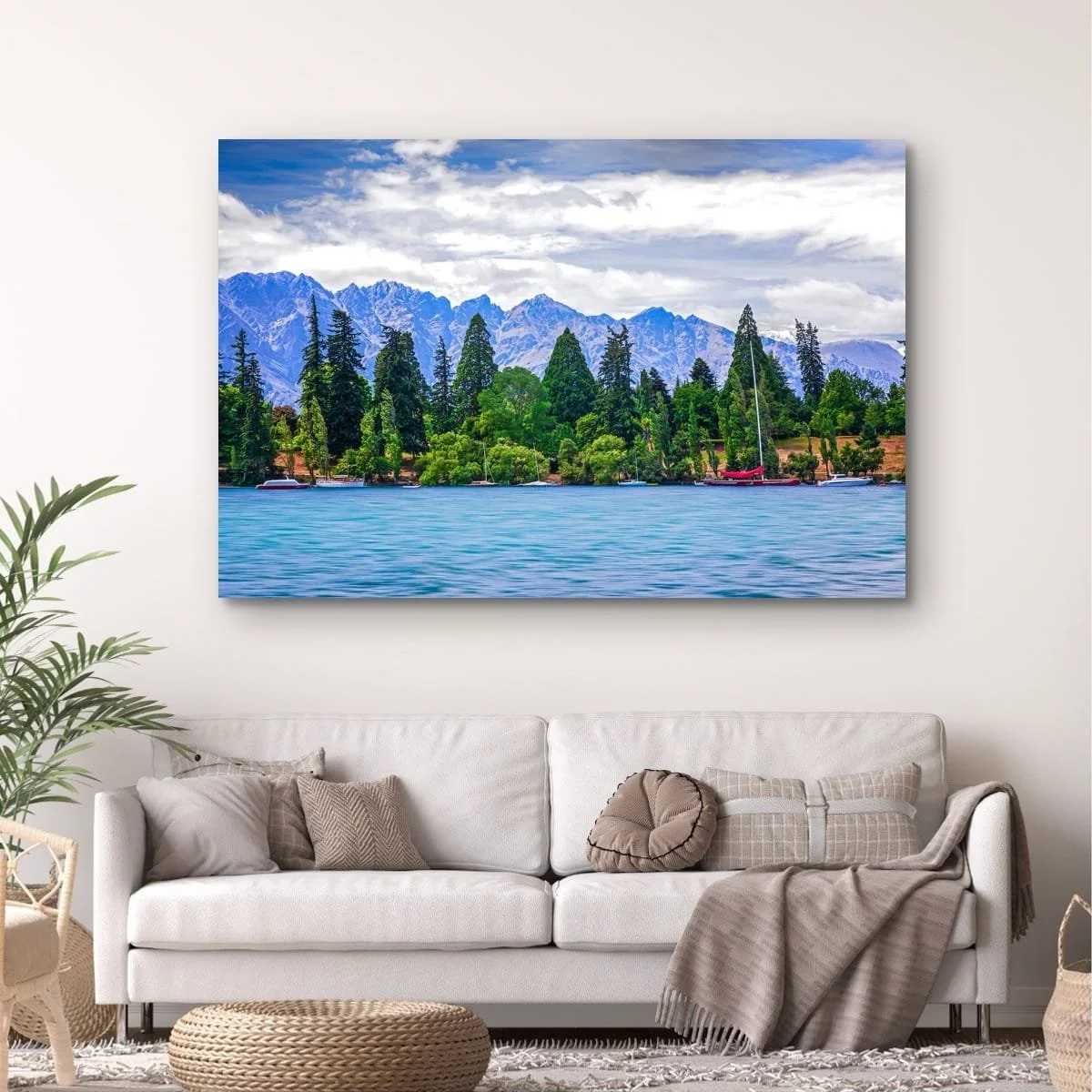 Lake Wakatipu with mountains and trees in Queenstown.