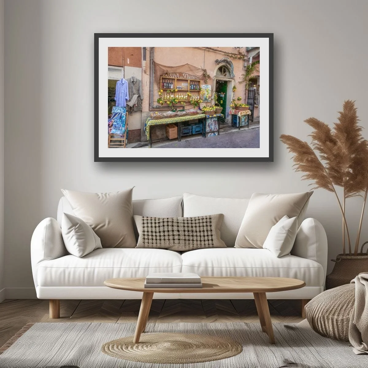 Italian storefront with lemons, wine bottles and rustic village details.