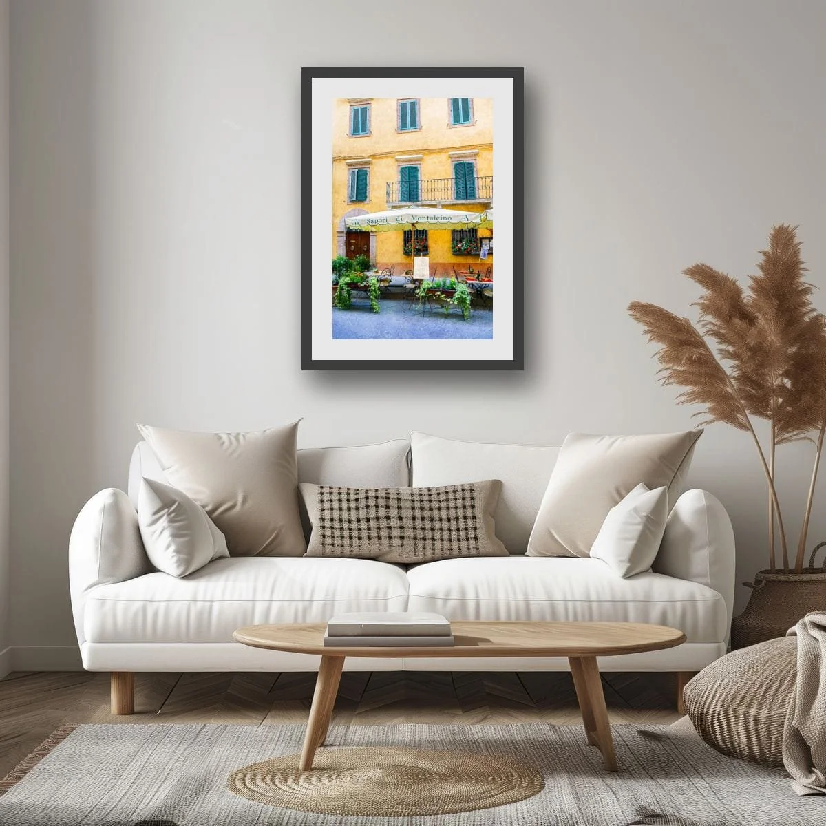 Italian café terrace with umbrellas and flowers.