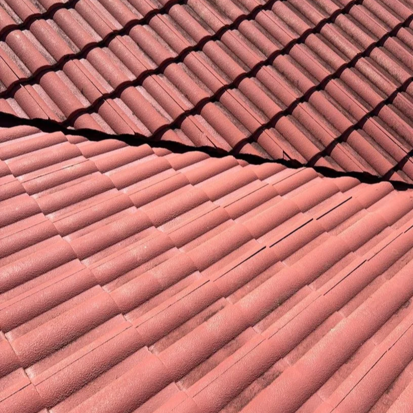 Close-up view of red clay roof tiles arranged in overlapping rows.