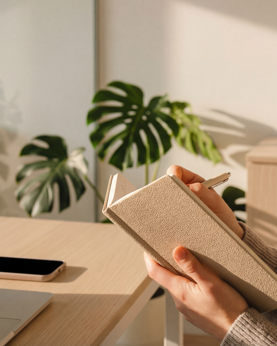 Person writing in a textured beige notebook with a silver pen, on a light wooden desk, with large green monstera leaves in the background and a smartphone on the desk.