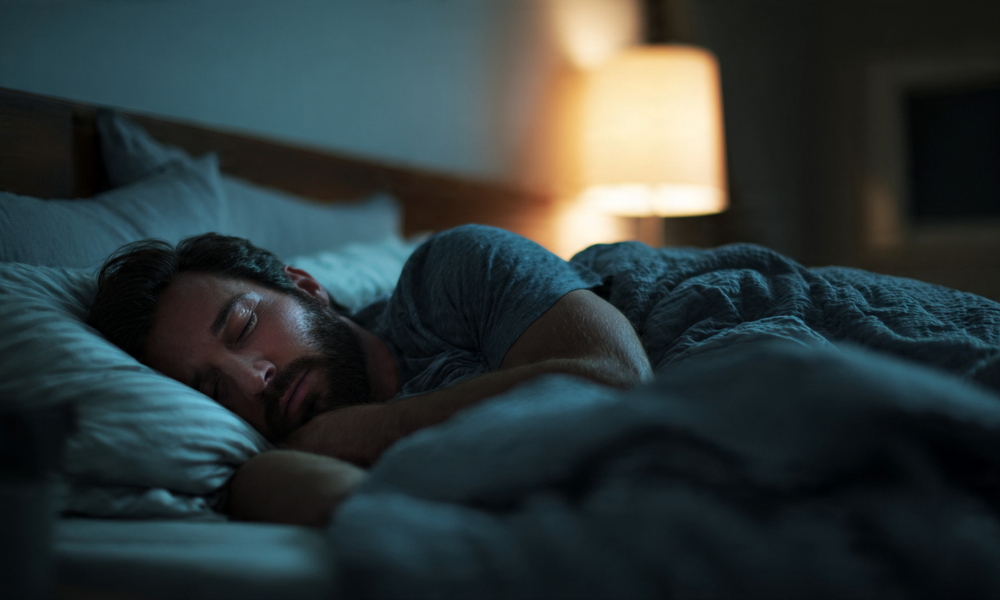 A man with a beard sleeping peacefully in bed at night, under a gray blanket, with a soft glow from a lamp in the background.