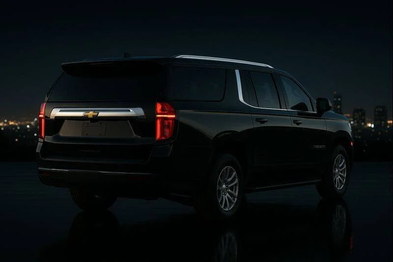 A black Chevrolet SUV parked outdoors at night with city lights in the background.