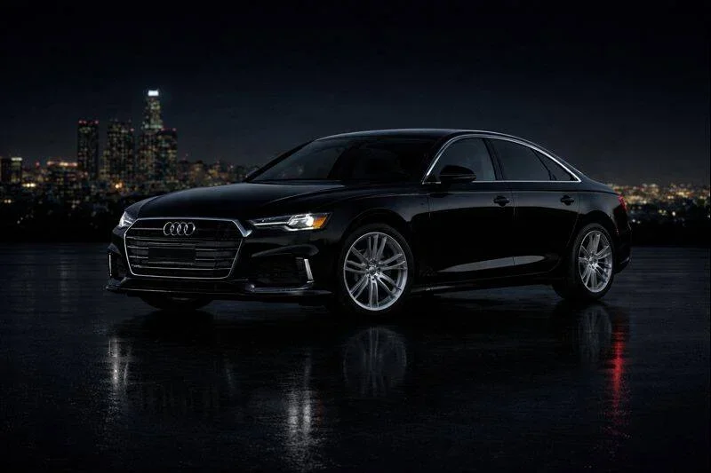 Black Audi sedan parked on wet surface at night with city skyline in the background.