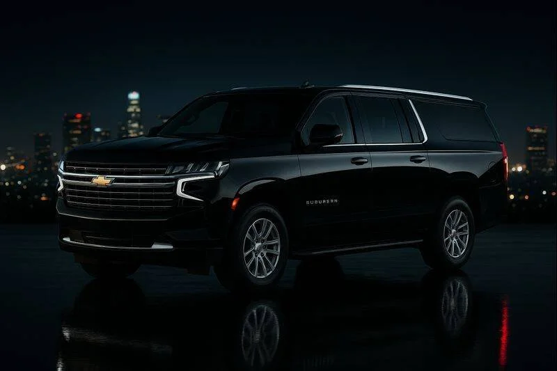 Black Chevrolet Suburban vehicle parked on a reflective surface with city lights in the background at night.
