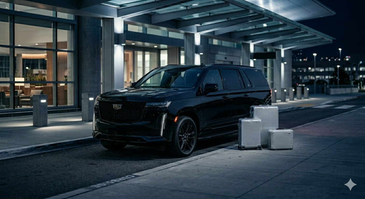 Luxury black car service with premium luggage for airport transportation in Los Angeles and Orange County