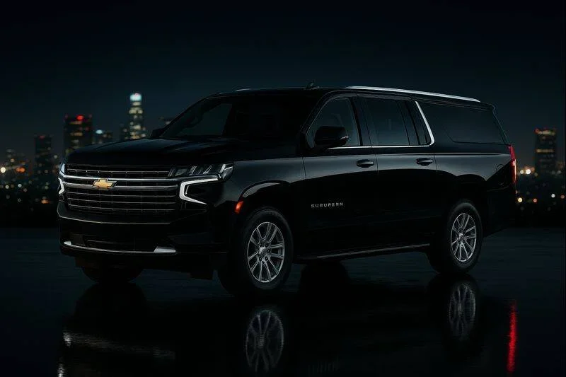A black Chevrolet Suburban SUV parked on a reflective surface at night with a city skyline in the background.