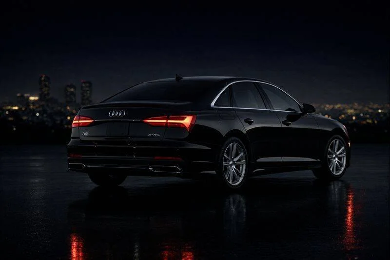 A black Audi A6 luxury sedan parked outdoors at night with city lights in the background.