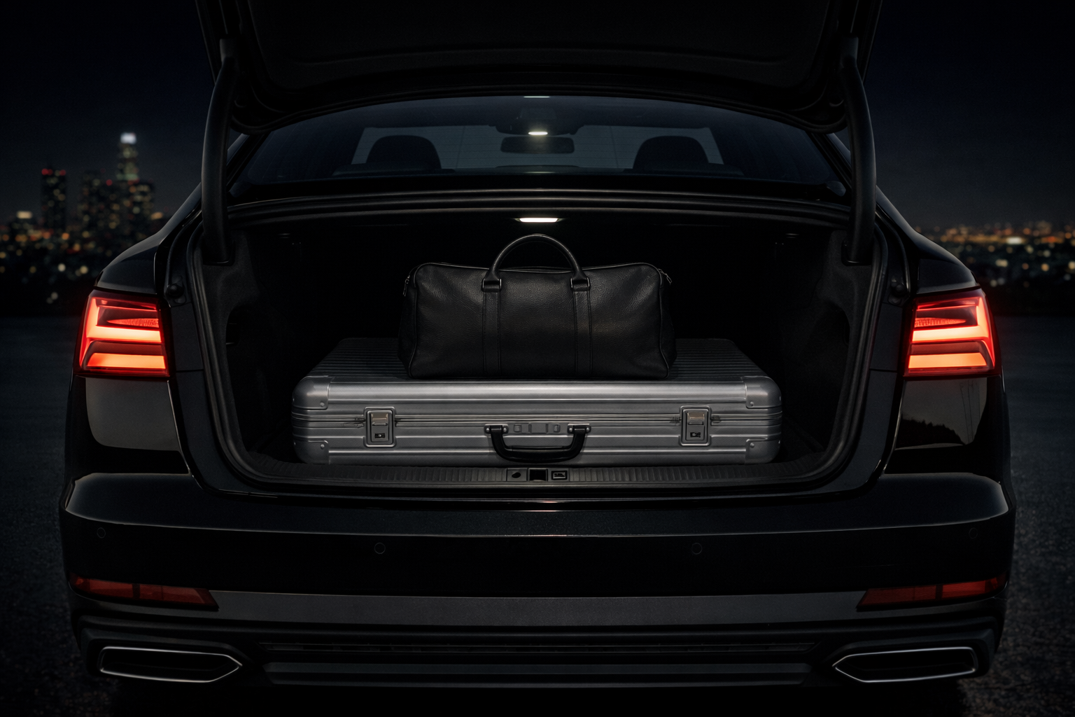 Rear view of an open car trunk at night showing a black leather bag and a gray hard-shell suitcase inside.