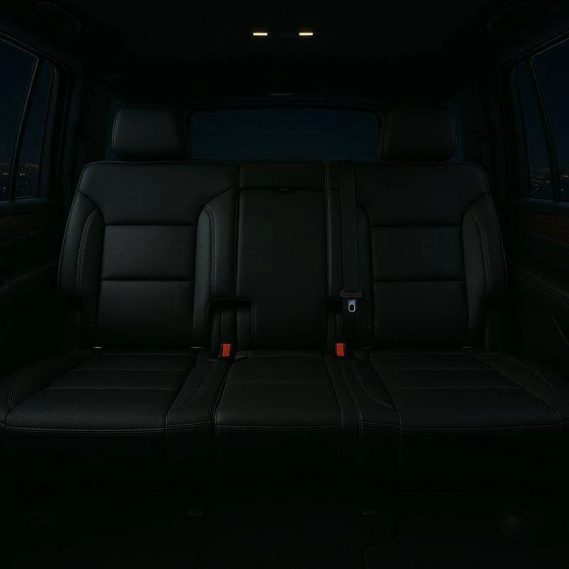 The interior of a vehicle's back seat with black leather seats, visible seat belts, and windows showing a nighttime cityscape.