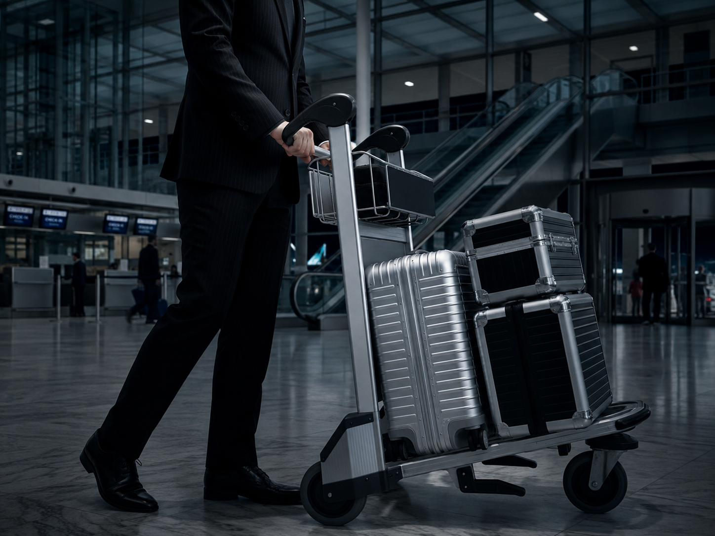 Businessperson in black suit with rolling luggage and carry-on bags at airport terminal.