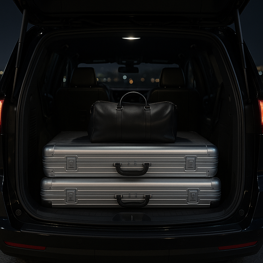 Open car trunk with two silver suitcases stacked and a black leather duffel bag on top.