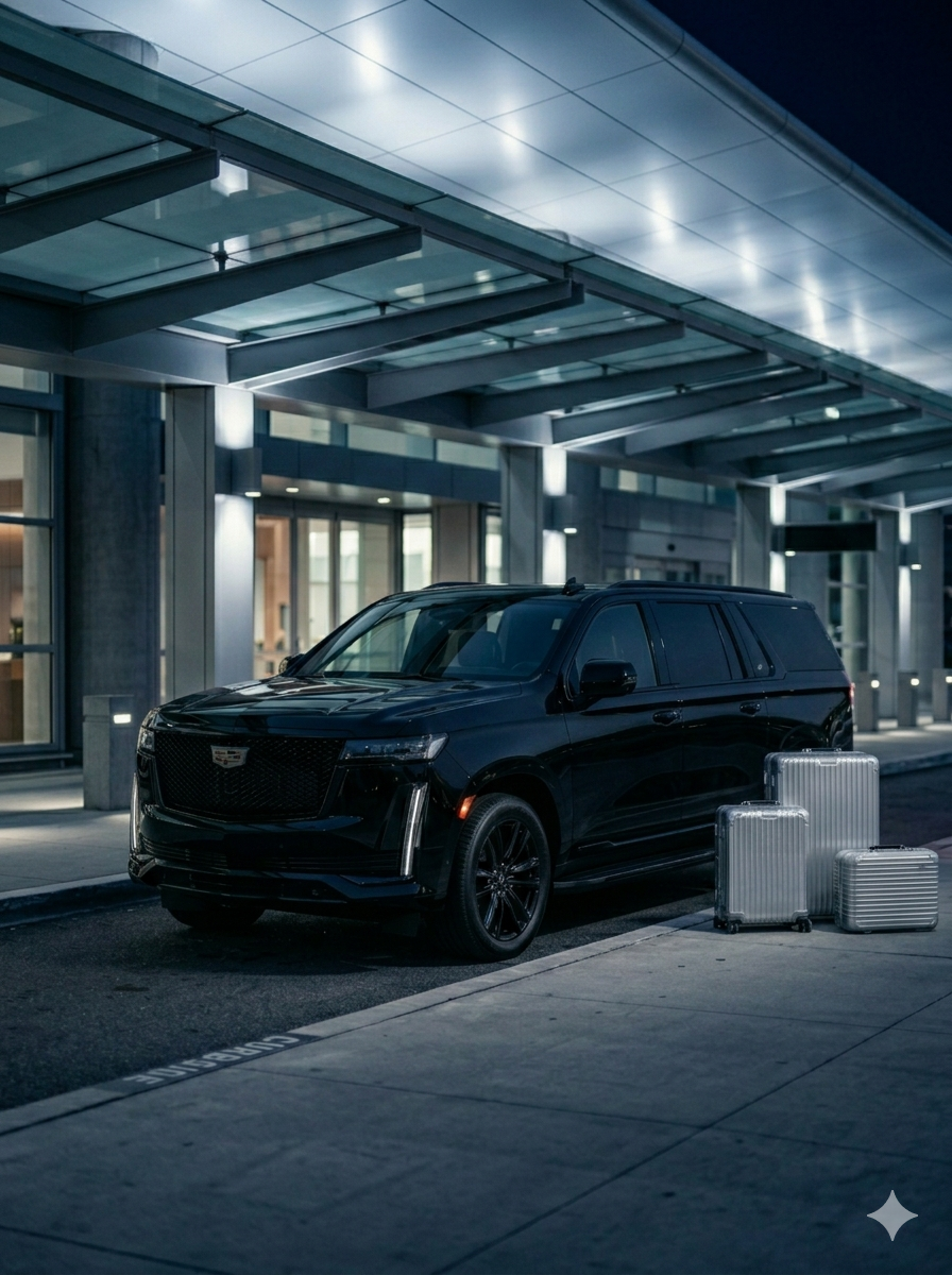 A black Cadillac SUV parked at night outside an airport terminal with three silver hard-shell suitcases beside it.