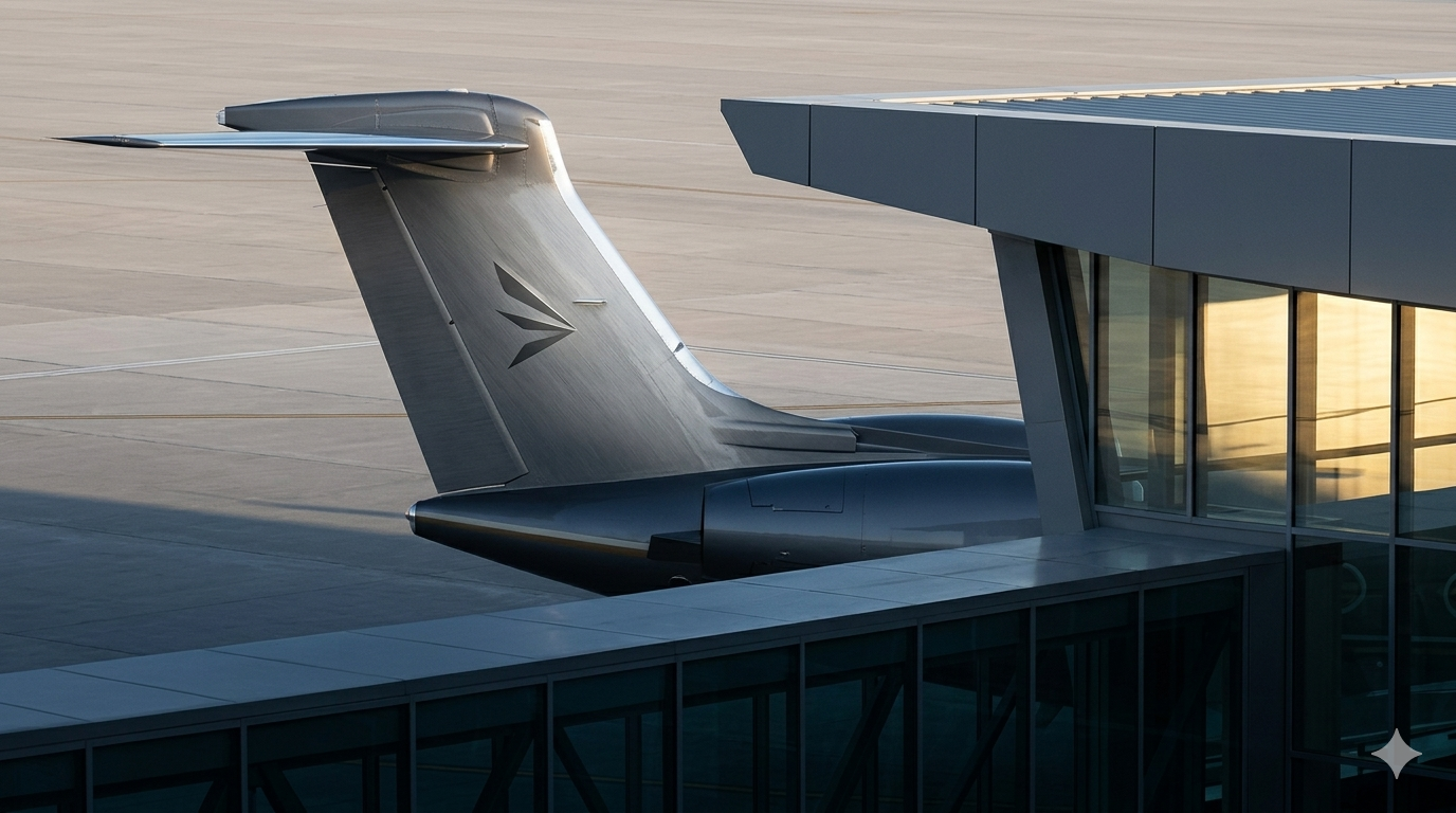 Close-up of an airplane's tail and rear section, parked next to a modern airport terminal building with glass windows.