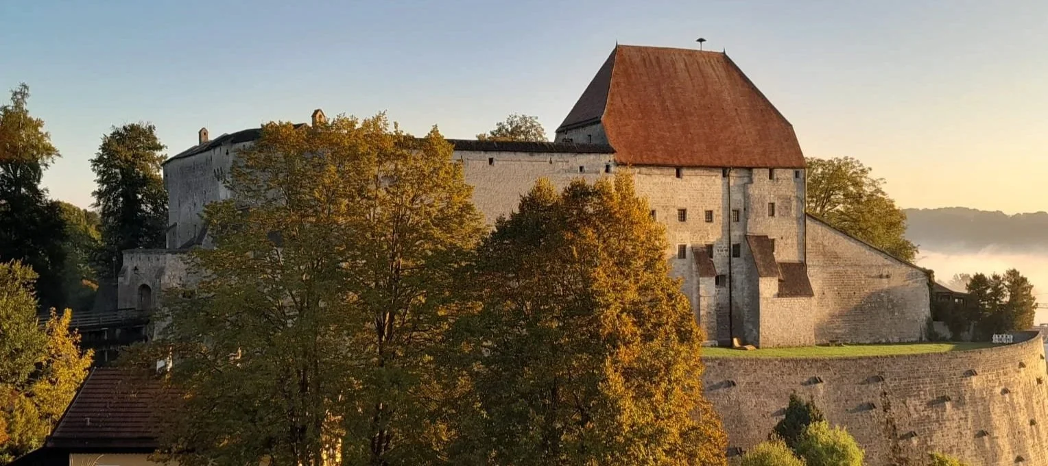 Historische Burg auf einem Hügel, umgeben von Bäumen im Herbst, bei Sonnenaufgang.