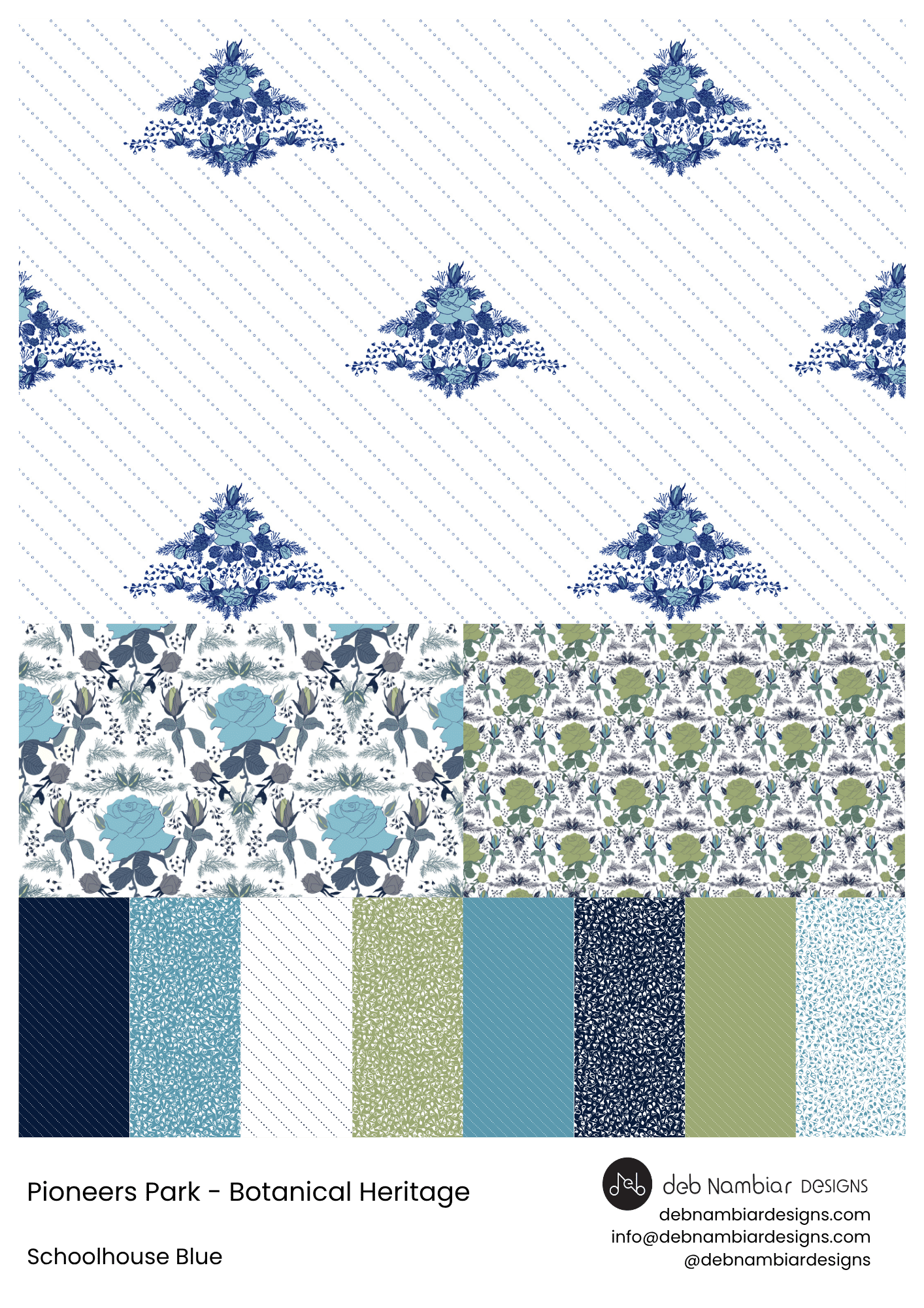Pioneers Park – Schoolhouse Blue: brings a fresh Spring/Summer mood inspired by open sky, garden colour, and children playing before the school bell. Inkwell Blue, Blue Chalk, Schoolyard Green, and Starch White create a light, airy palette of schoolh