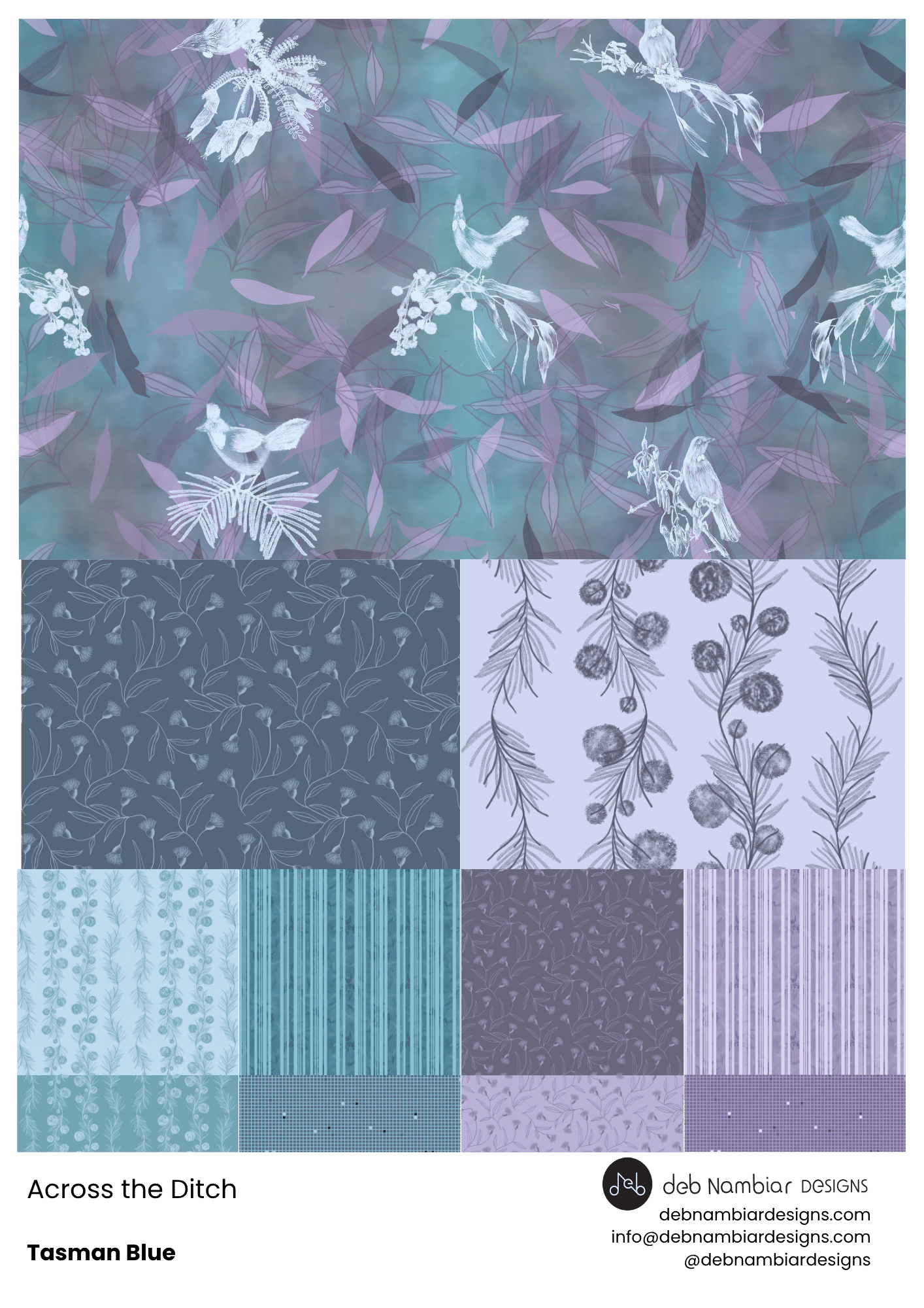 Across the Ditch - Tasman Blue: captures the cool beauty of coastlines, deep water, glacial lakes, and misty native forests. Layered blues and tonal variations evoke the feeling of travelling between New Zealand and Australia’s landscapes, where sea,