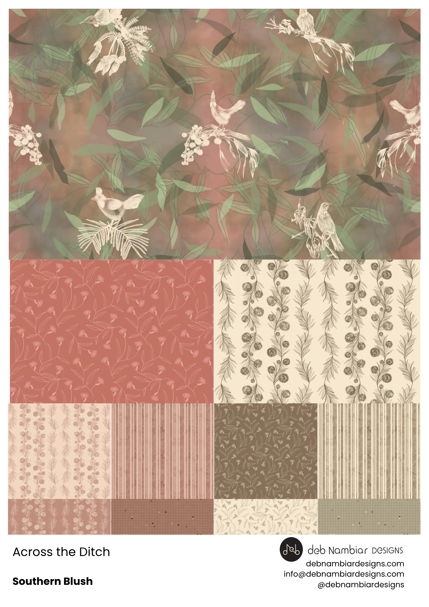 Across the Ditch - Southern Blush: brings a softer, earthier mood to the collection, inspired by coastal skies, faded botanicals, warm clay tones, and southern evening light. Blush and neutral tonal values create a gentle, nostalgic palette with cont