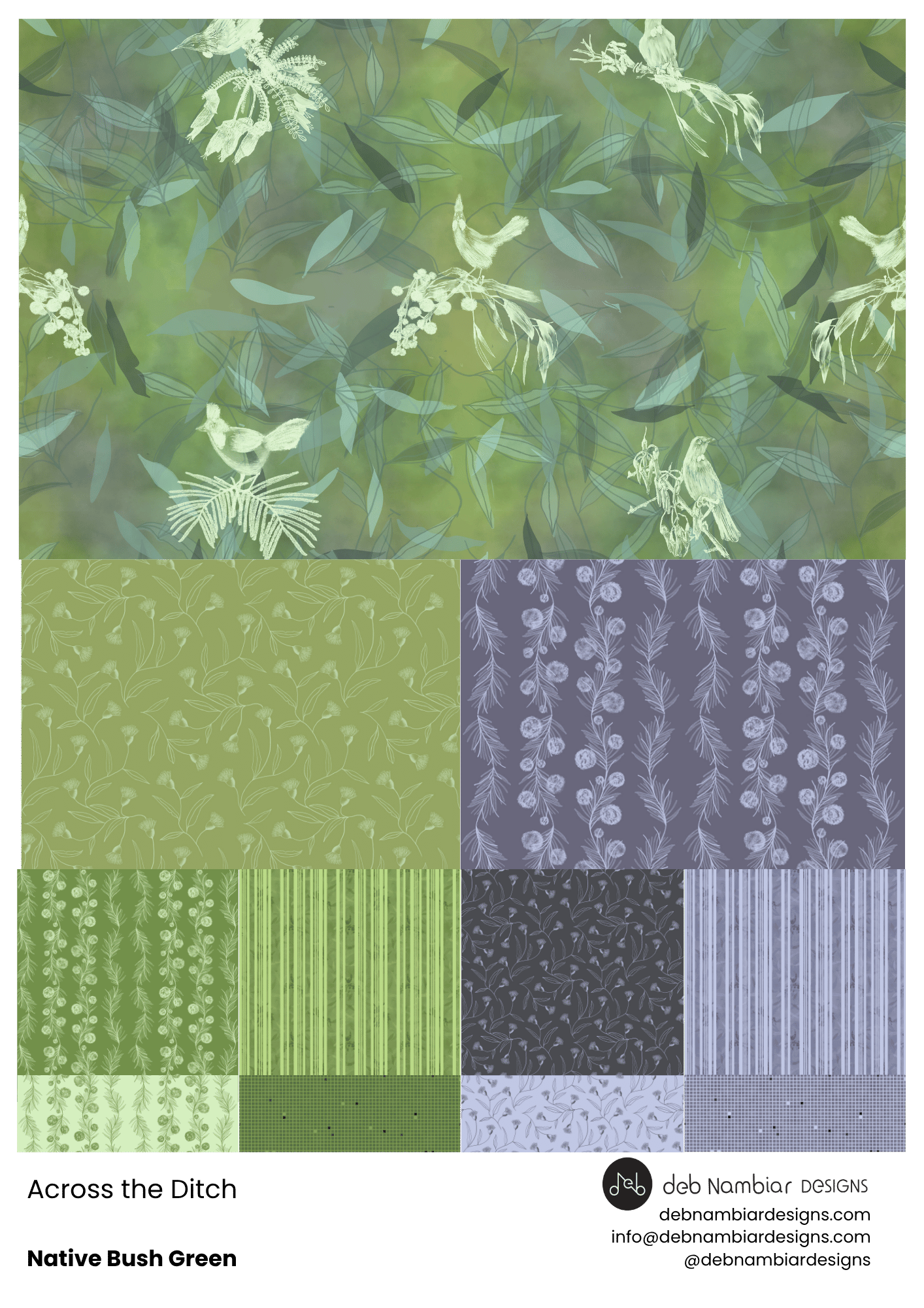 Across the Ditch - Native Bush Green: reflects the layered richness of native bushland, eucalyptus forests, coastal vegetation, and shaded pathways. Fresh and deeper green tones bring a grounded sense of renewal, movement, and connection across the c