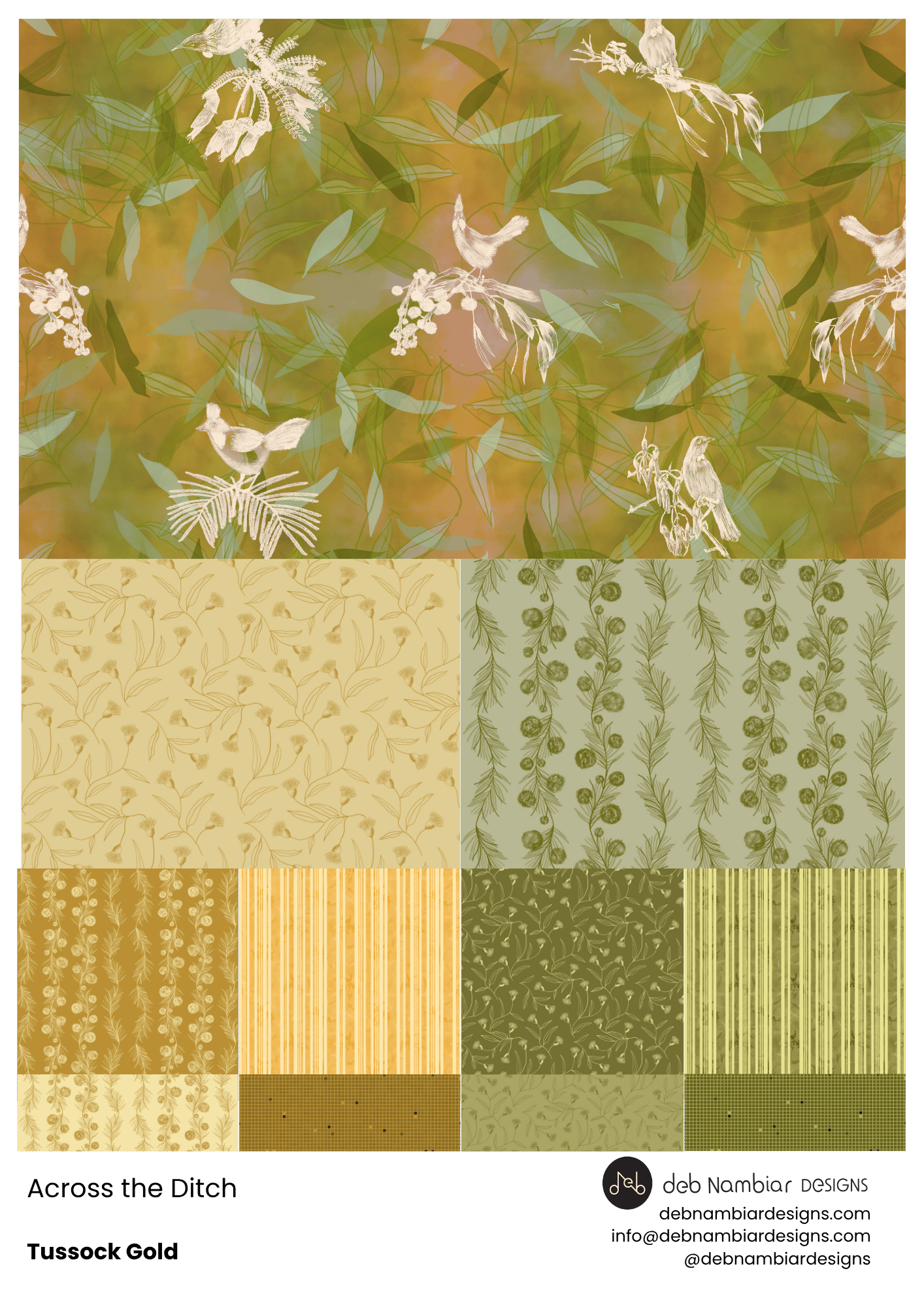 Across the Ditch - Tussock Gold: is inspired by sunlit grasses, open landscapes, wattle warmth, and late afternoon light. Golden and olive tonal values bring warmth, texture, and a quiet sense of place to this trans-Tasman collection.