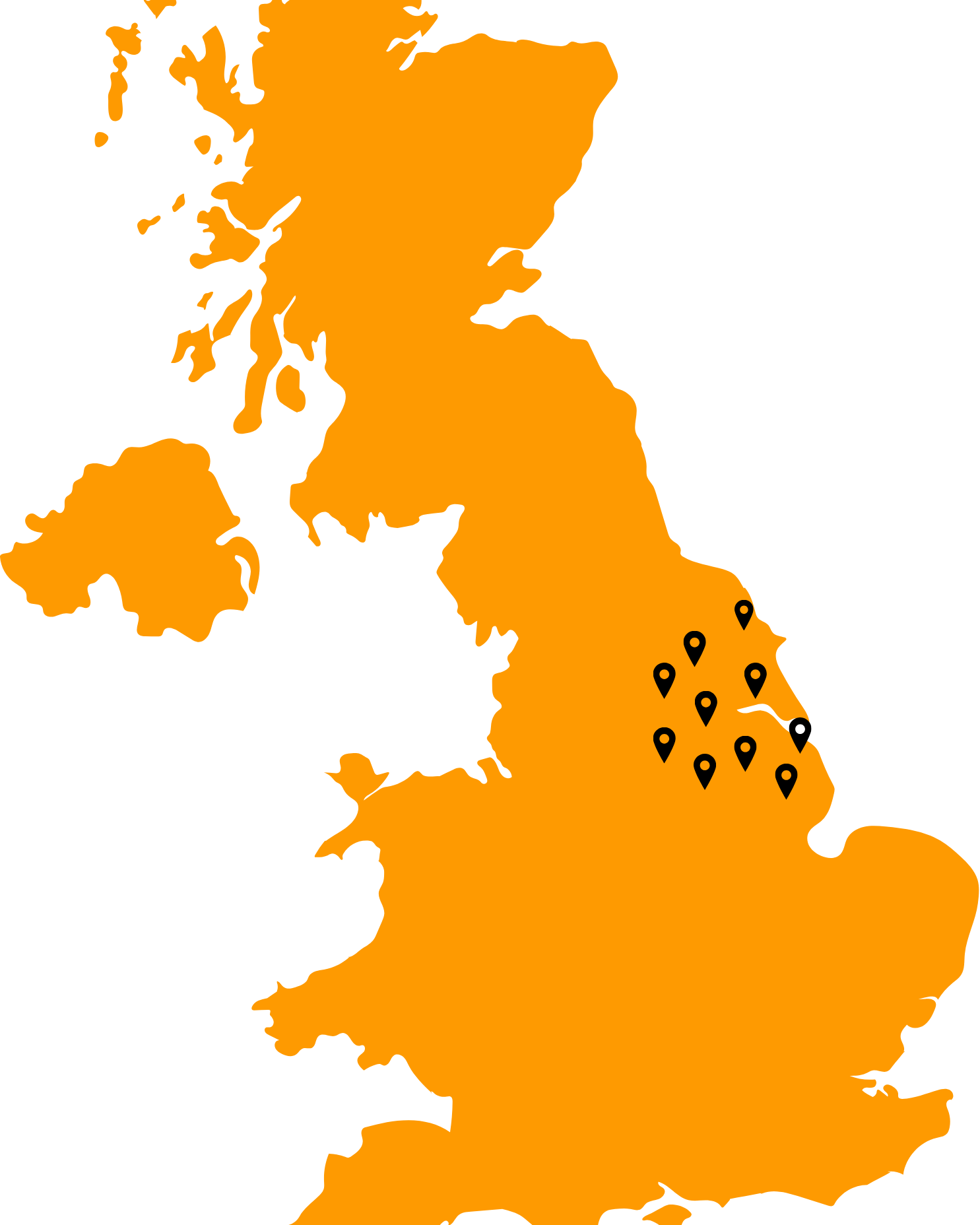 Map of the United Kingdom with several location markers in southeastern England.