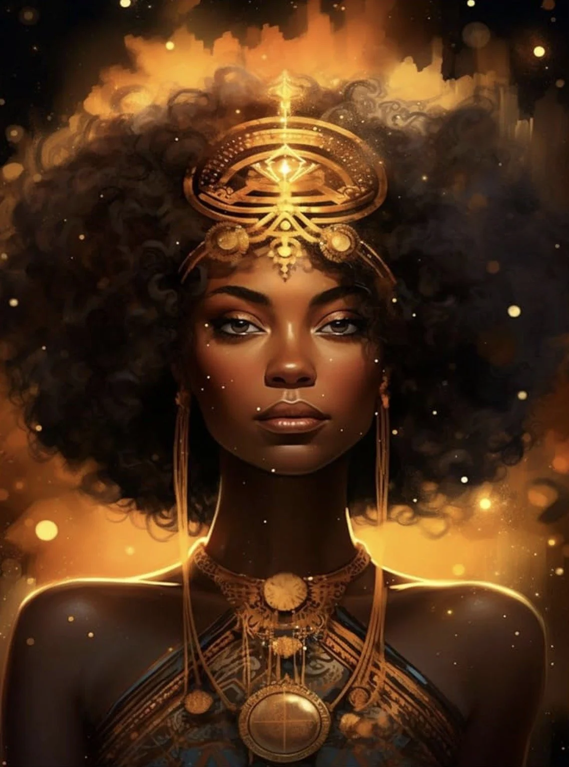 Digital artwork of a woman with dark skin and curly black hair, adorned with gold jewelry and intricate golden accessories headpiece, set against a glowing orange and black cosmic background.
