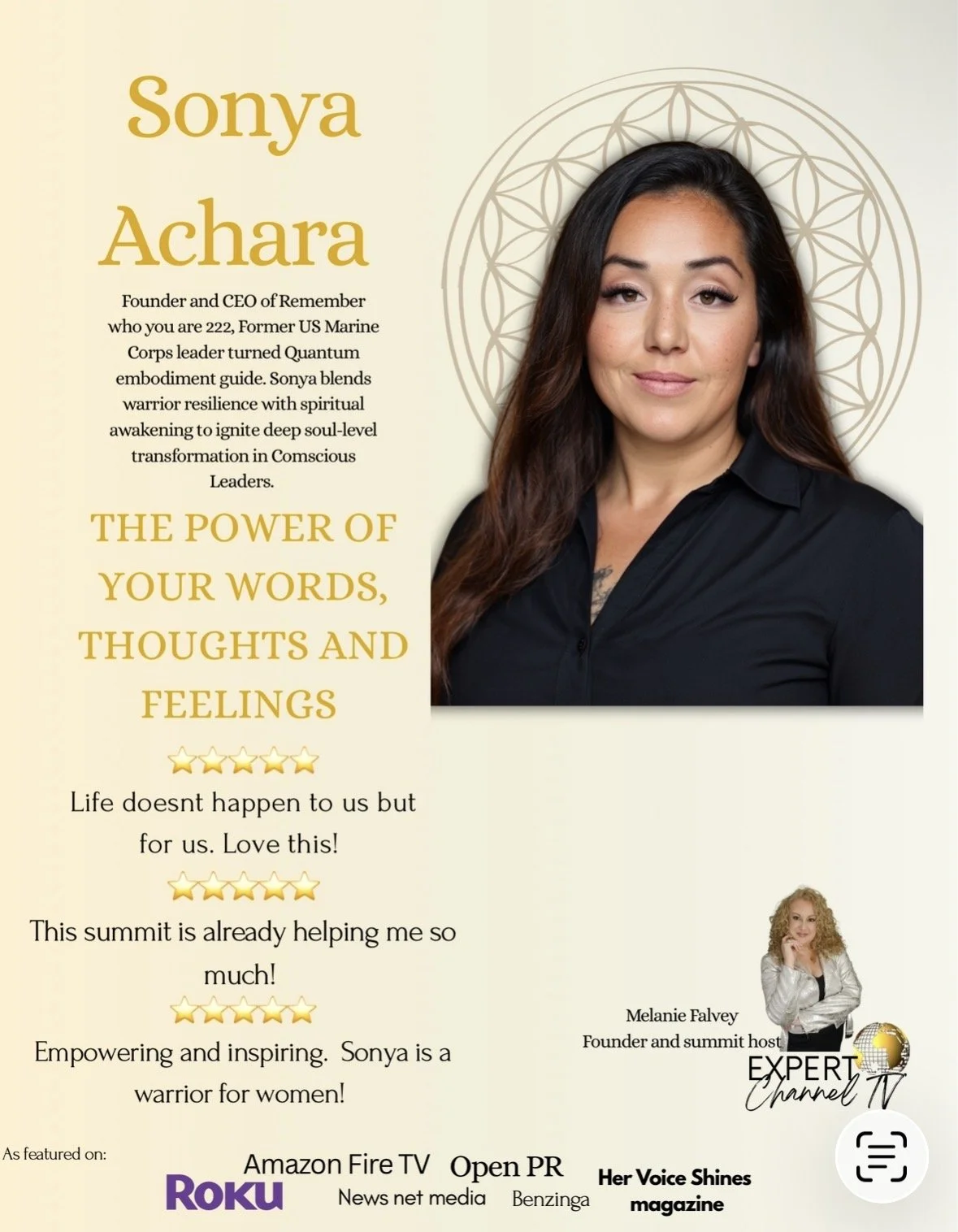 Profile of Sonya Achara, founder and CEO, with a headshot, background geometric design, and quotes about empowerment and leadership. Smaller photo of Melanie Falvey, summit host, with channel and media logos at the bottom.