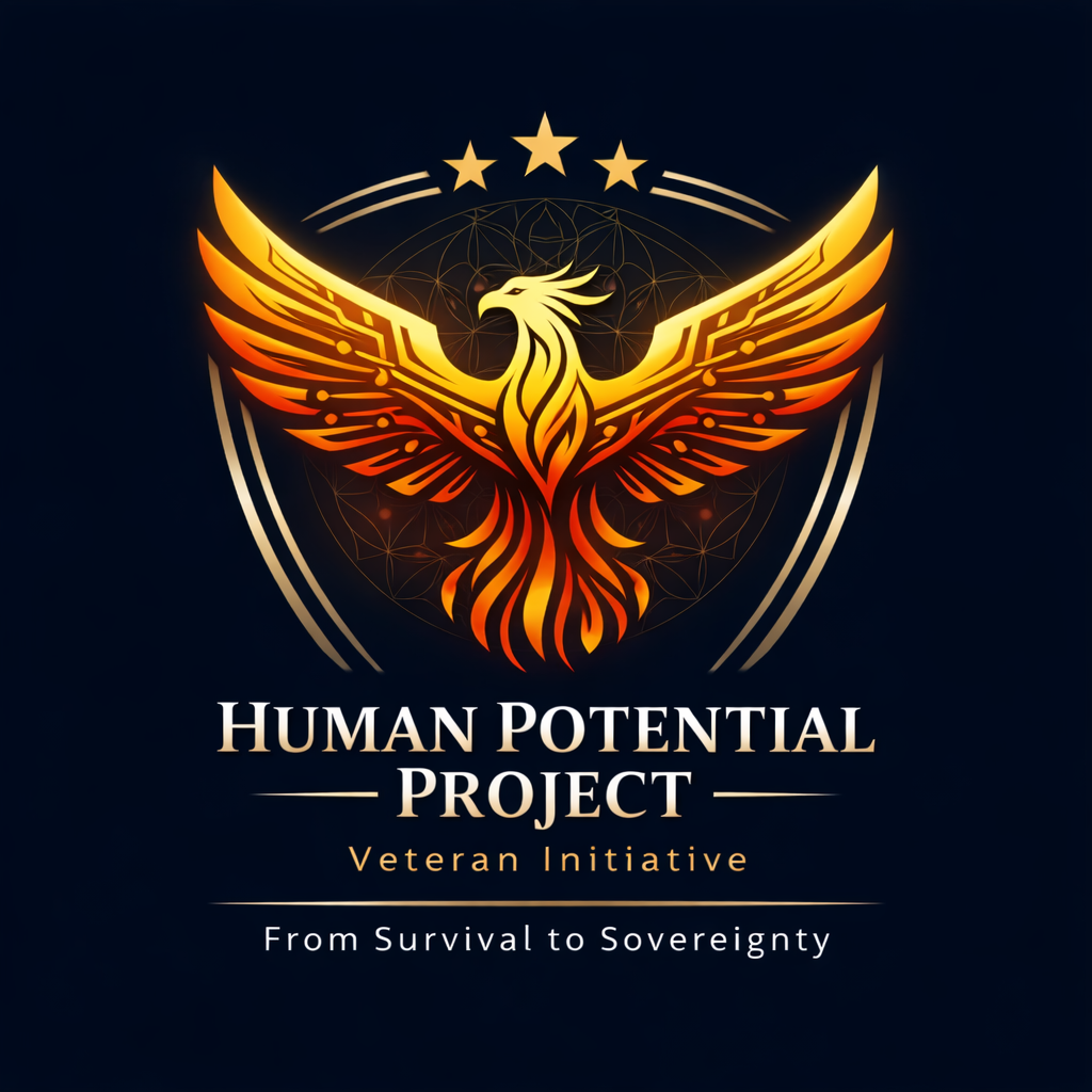A logo for the Human Potential Project featuring a fiery stylized eagle with outstretched wings, surrounded by a geometric background and three stars at the top, with text reading 'Human Potential Project', 'Veteran Initiative', and 'From Survival to Sovereignty'.