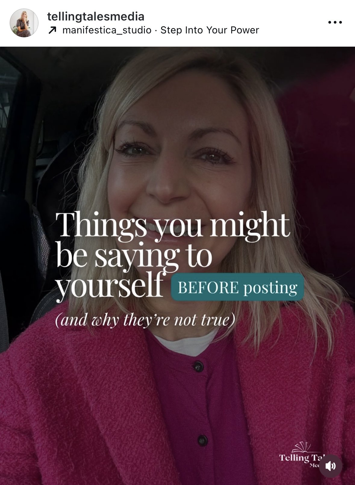 A woman smiling, wearing a pink sweater. The overlay text reads: "Things you might be saying to yourself BEFORE posting (and why they're not true)."
