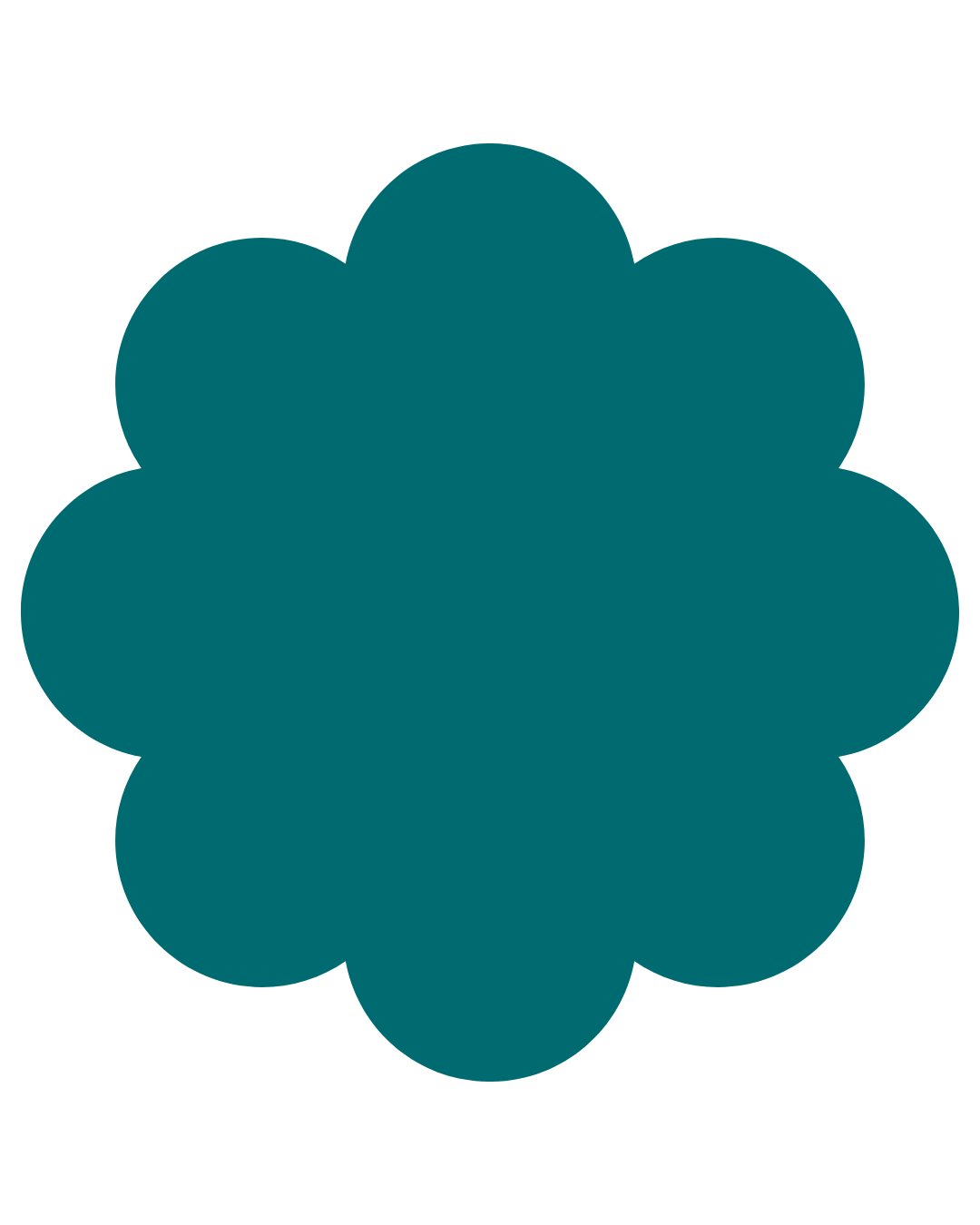 A dark teal-colored flower-shaped graphic with 13 rounded petals.