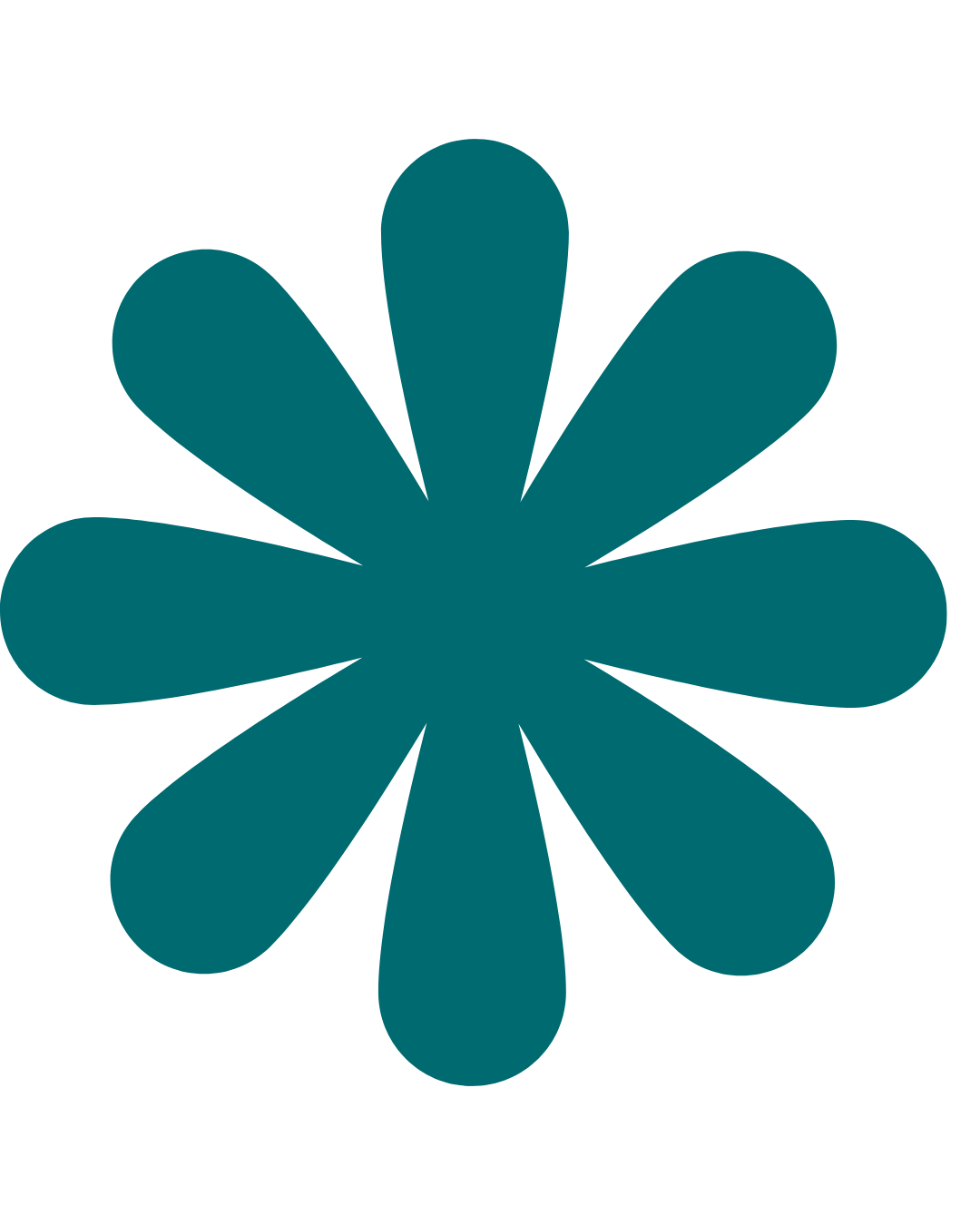 A teal flower logo with rounded petals on a black background.