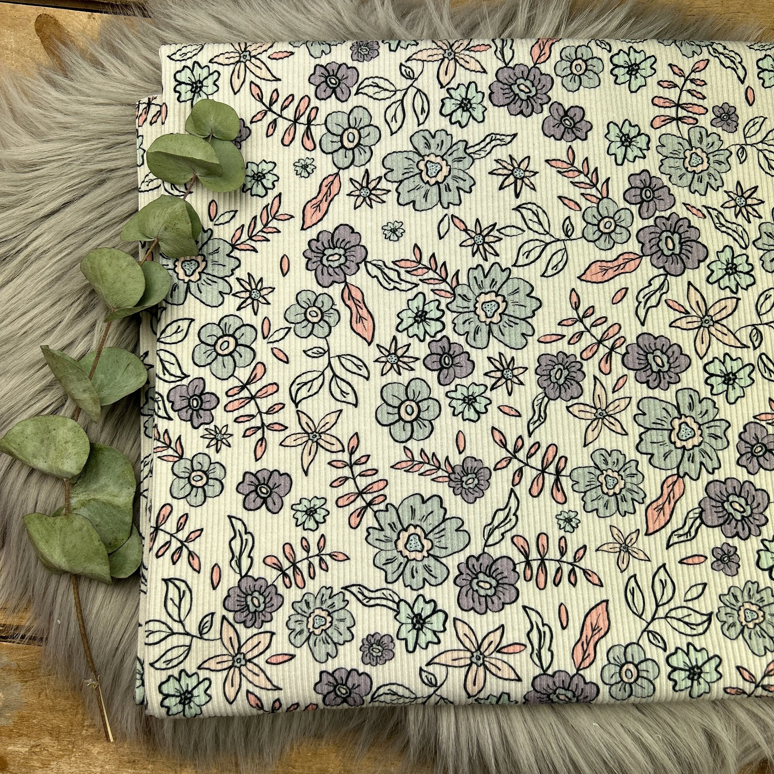 Ribjersey Blümchen blau / 035