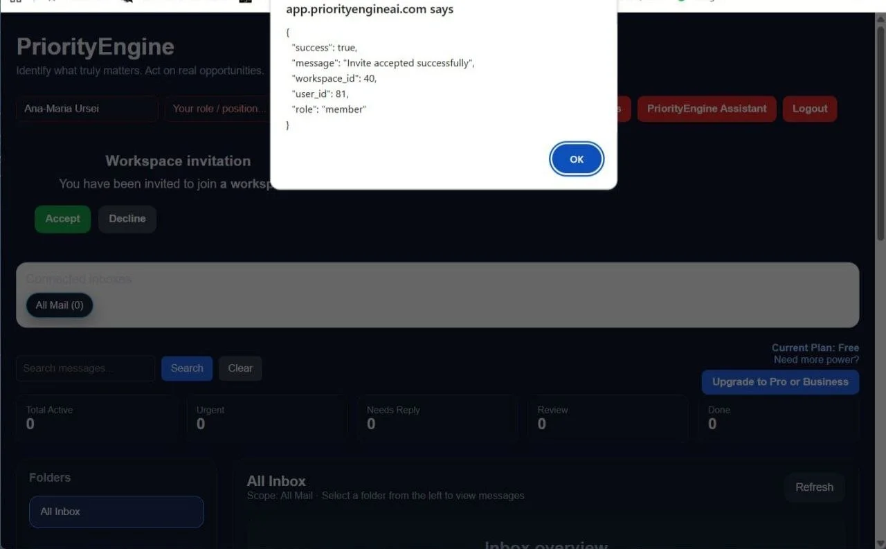 PriorityEngine teammate accepting a Business workspace invitation to join the owner's collaborative inbox and shared workspace.