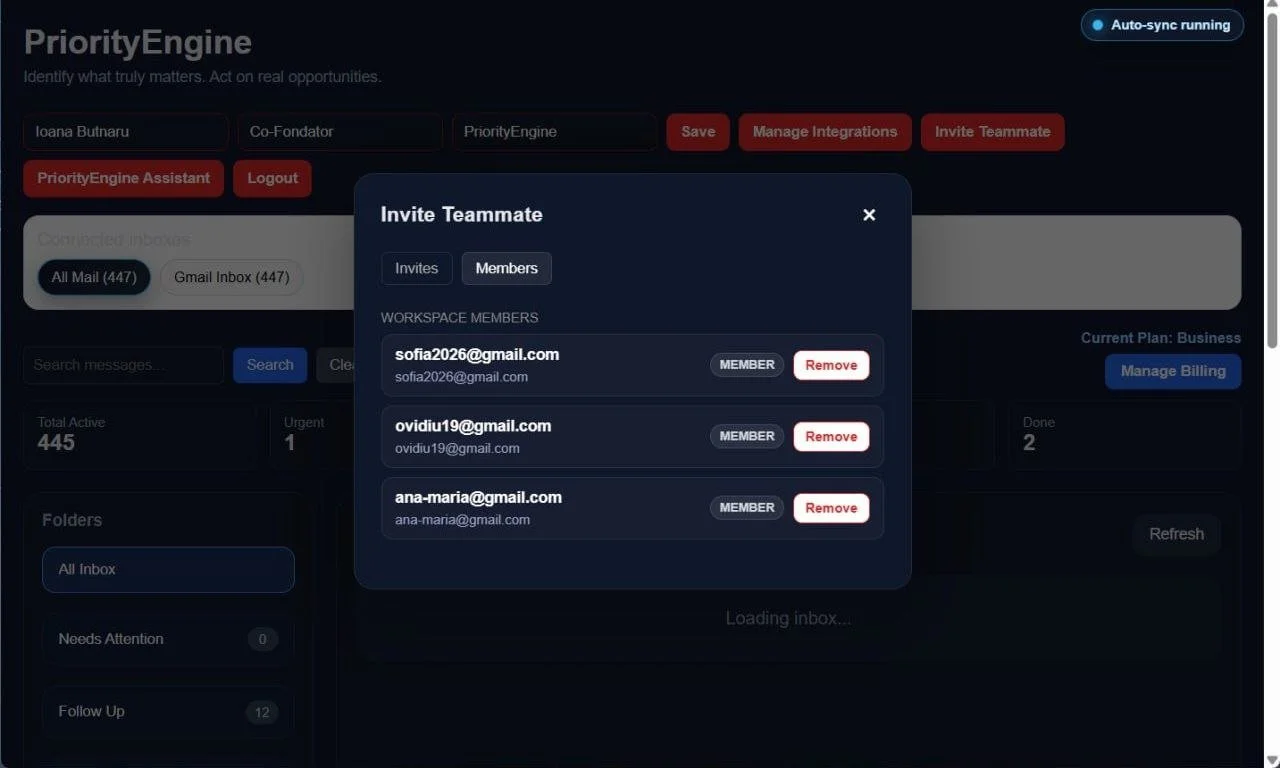 PriorityEngine Business workspace members panel showing the owner managing teammates and removing workspace access when needed.