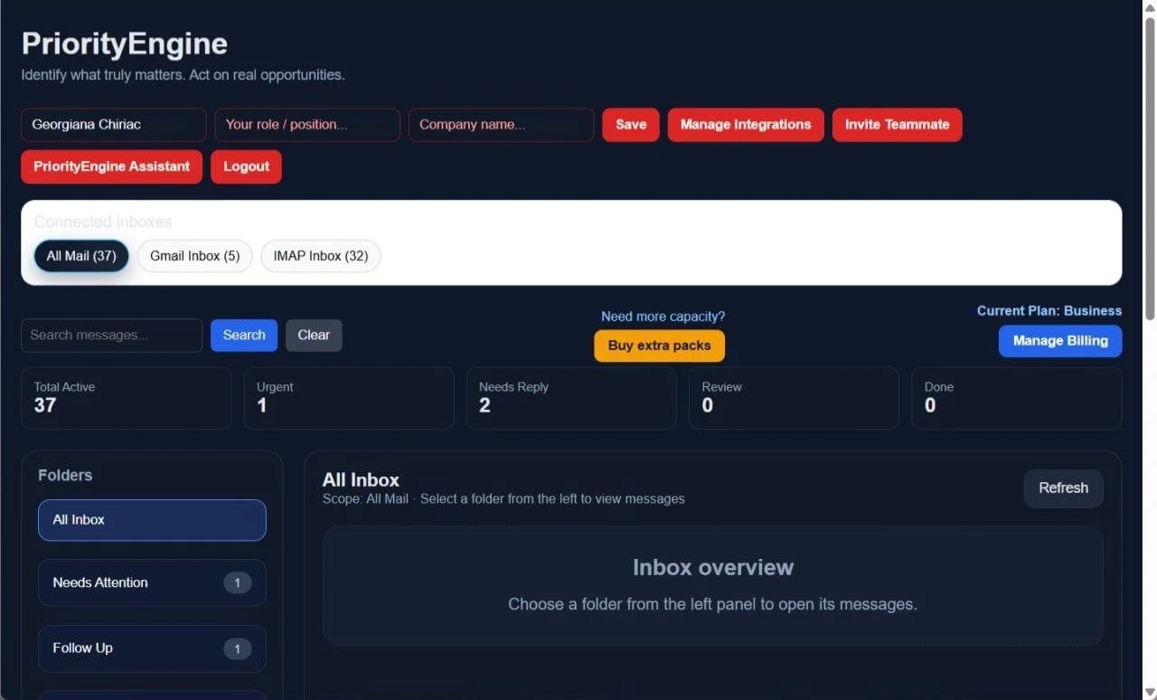 PriorityEngine automatically organizes business emails into smart folders