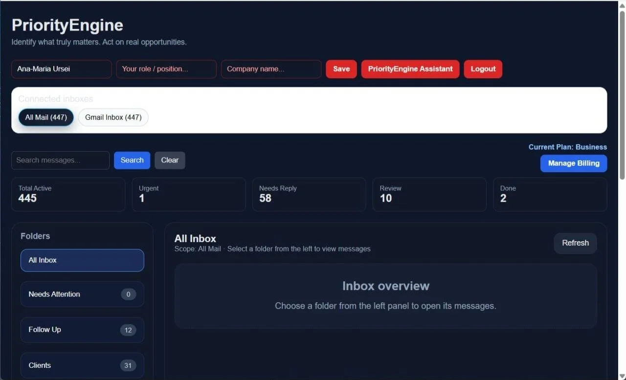 PriorityEngine Business workspace showing teammate access after accepting an invitation, with permissions for email collaboration while owner-only administrative controls remain protected.