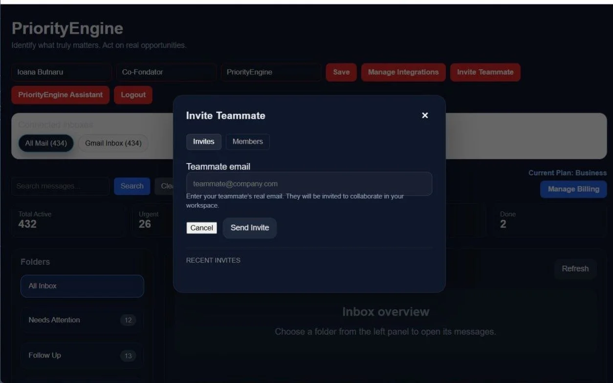 PriorityEngine Business workspace displaying the Invite Teammate dialog, allowing the workspace owner to invite registered team members into the shared collaborative inbox.