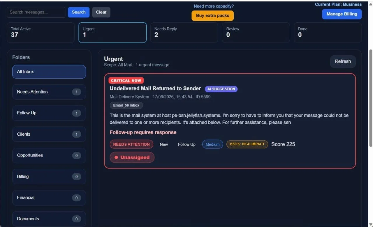 PriorityEngine Authority Layer prioritizing important business emails while separating newsletters and noise